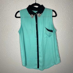 Teal Button Up Blouse with Diamond Collar
